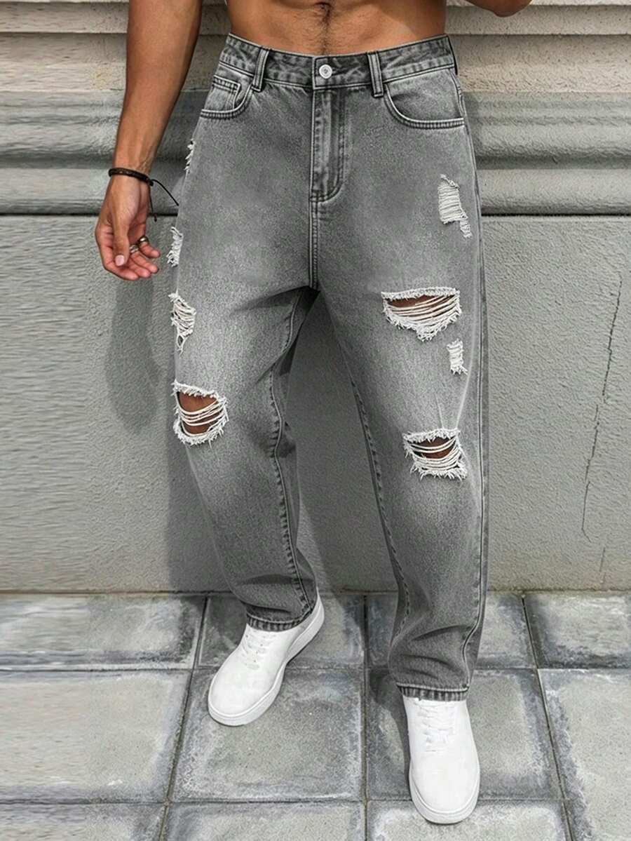 Manfinity LEGND Men's Casual Versatile Daily Wear Jeans With Pocket, Button And Distressed Design - Light Grey - View 1