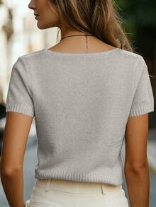 EMERY ROSE Top de mujer primavera/verano minimalista casual color albaricoque con cuello en V de cuerda retorcida, hombros regulares, manga corta, versátil, unicolor, punto de cable, ajustado, tipo pullover - Gris Claro - Ver 2