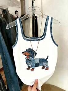SHEIN Áo tank top nữ dáng suông, in hình chó. - Xanh và trắng - Xem 3