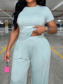 Slaydiva 2026春夏优雅通勤休闲套装,适合生日派对、毕业典礼、学生装、日常出行、百搭基础款、休闲度假、邮轮旅行、海滩、日光浴等场合,爆款单品,商务休闲、简约休闲风,夏季女装休闲鼠尾草色罗纹两件套,露脐上衣搭配松紧腰阔腿裤 - 蓝色 - 藍色 - 查看 8