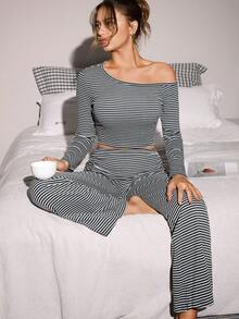 Lowkey Lull 女士不对称领条纹印花长袖上衣和裤子家居服套装，条纹两件套，休闲两件套家居服，女士秋冬服装，舒适优雅细节，露肩两件套，女士两件套套装 - 彩色 - 查看 2