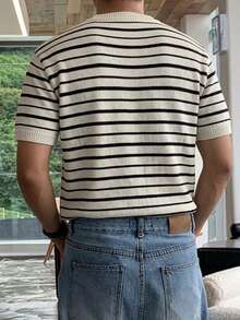 DAZY Men's Summer Half-Button Striped Apricot Knit Top - Multicolor - View 2
