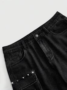 ROMWE MEN Street Life Men's Summer Casual Rivet Decor Denim Shorts - Black - View 3