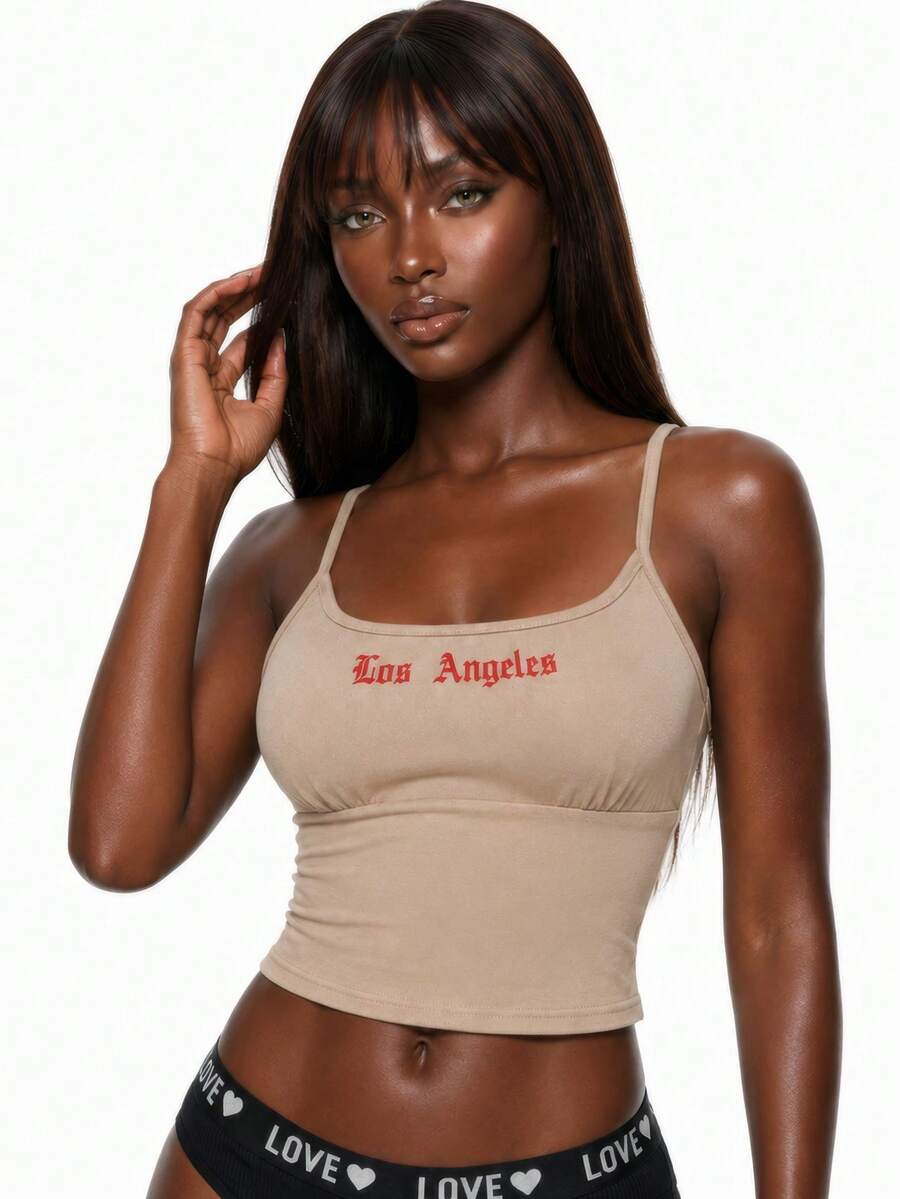 Rest Era 1pc Khaki Women's Letter Print Camisole - Khaki - View 1