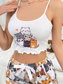 DUSKBASE Pijama con Top estampada con gatos de dibujos animados en estilo Y2K para mujer - Blanco - Ver 3