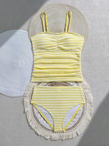 SHEIN Maillot de bain deux pièces pour filles préadolescentes avec débardeur bikini à bretelles, style rétro mignon, coupe ajustée, essentiel pour les vacances de natation d'été, style frais, maillot de bain classique à pois noir et blanc pour enfants, design à bretelles + taille froncée, doux et élégant, photogénique pour les photos de piscine, convient pour les voyages de vacances, les fêtes de piscine, les photos de natation à la plage - Multicolore - Voir 3