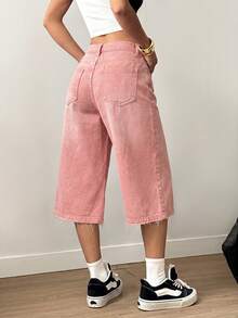 SHEIN EZwear 夏季休閒街頭風水洗寬鬆牛仔短褲 日常白天穿著 柔粉色 周末款 - 米色 - 查看 2