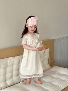 DAZY Baby Girl Lace Patchwork Short Sleeve Loungewear Dress Summer Toddler - White - View 8