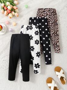 SHEIN Vintaside Kids 4件套女童休闲百搭柔软可爱印花、豹纹、爱心和纯黑色打底裤，性价比高，适合春夏室内外玩耍 - 彩色 - 查看 2