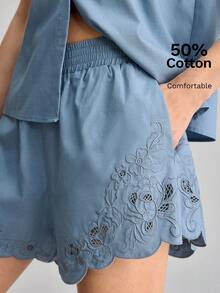 Ontre 2026 Women's Dusty Blue Summer Hollow Out Embroidery Loose Fit Shorts Elegant Romantic Elastic Waist Casual Chic Vacation Minimalist Solid Urban - Blue - View 1