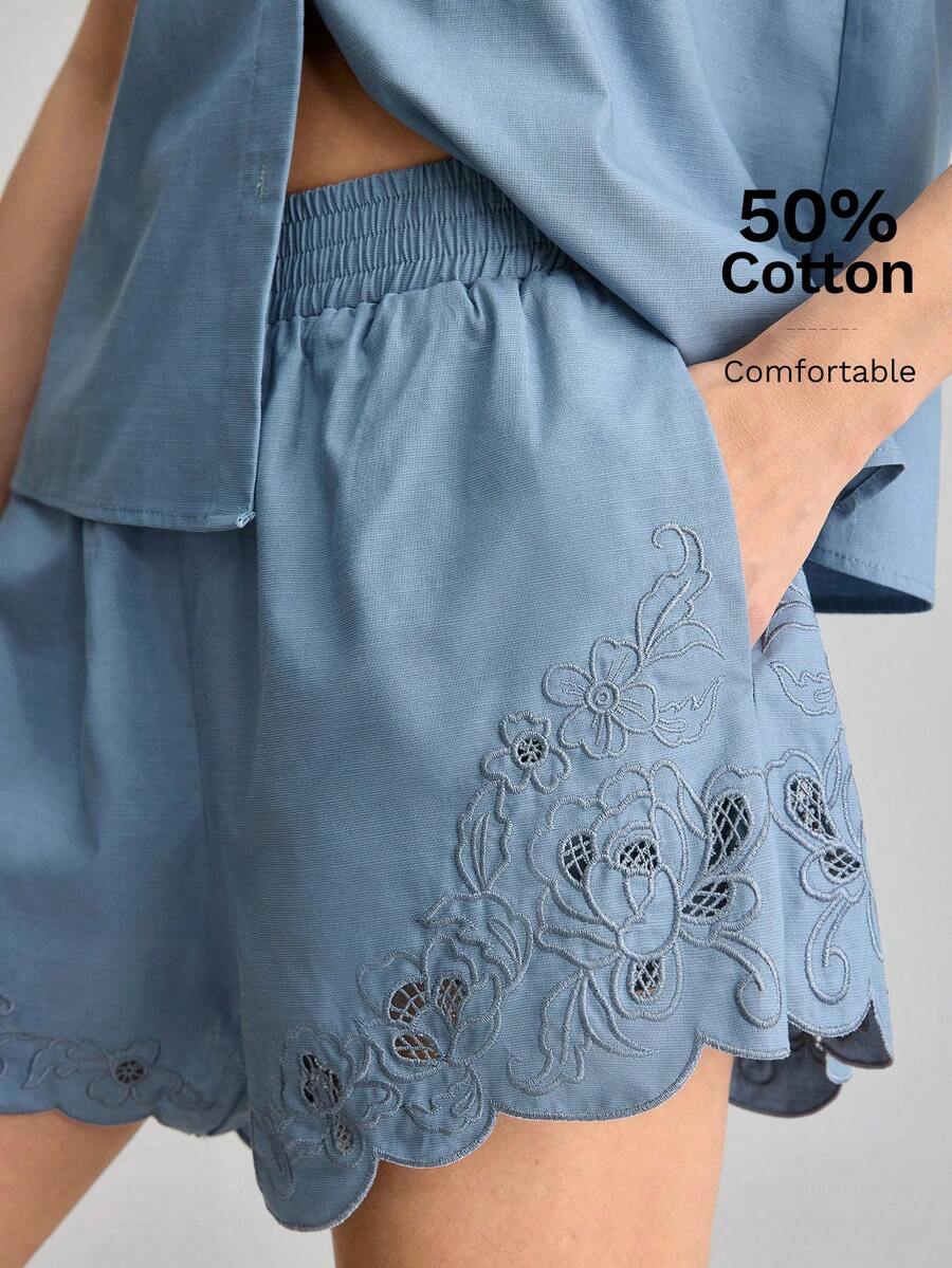 Ontre 2026 Women's Dusty Blue Summer Hollow Out Embroidery Loose Fit Shorts Elegant Romantic Elastic Waist Casual Chic Vacation Minimalist Solid Urban - Blue - View 1