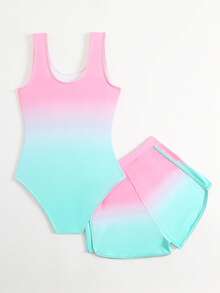 Cute Gradient Girls' One-Piece Swimsuit And Boy Shorts Two Pieces Set (Custom Print) - Multicolor - View 2
