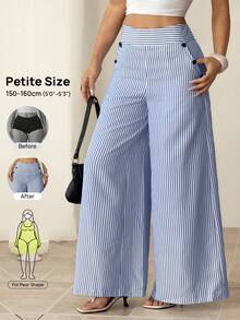 SHEIN PETITE Women's Casual Sexy Blue And White Stripe Button Decor Wide Leg Pants,Petite Women Beach Autumn - Blue and White - View 10