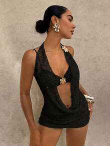 Swim Glamine Conjunto de traje de baño con decoración metálica para vacaciones en la playa para mujer - Negro - Ver 5