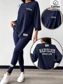 Solavon Bộ 2 món áo thun oversized in chữ và quần dài nữ phong cách casual mùa hè - Màu xanh hải quân - Xem 1