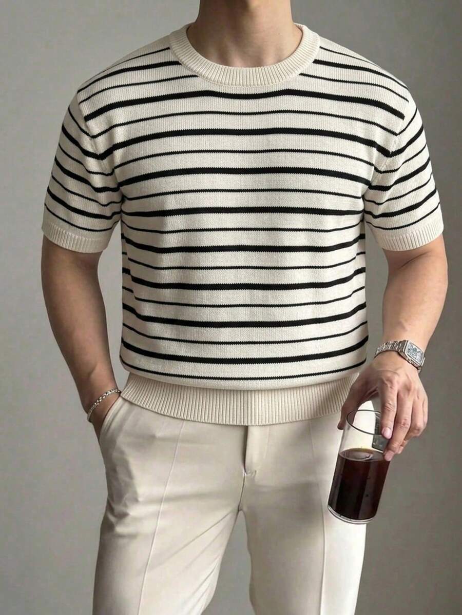 DAZY Men's Summer Half-Button Striped Apricot Knit Top - Multicolor - View 1