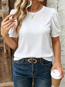 EMERY ROSE Plus Size Women's Vacation Hollow Embroidery Round Neck Short Puff Sleeve T-Shirt Office Evening White Summer Casual Elegant - White - View 4