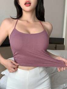 DAZY Áo camisole thiết kế tối giản, dây mảnh, hở lưng, có đệm mút tự nhiên. - Màu tím - Xem 4
