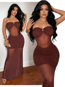 SHEIN SXY Đầm lưới xuyên thấu không tay, mùa hè - Cà phê nâu - Xem 8