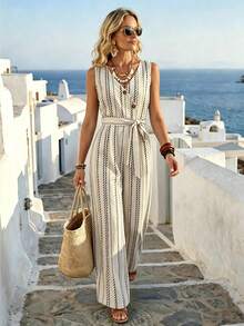 SHEIN Holidaya Women's New Striped Geometric Pattern Button Front V-Neck Sleeveless Waist Belted Jumpsuit, Versatile For Vacation, Commute & Date - Khaki - View 8