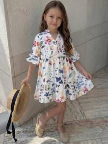 Emery Rose Kids Emery Rose Kids 少女編織立領花卉休閒洋裝 - 杏色 - 查看 5