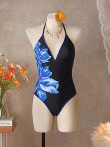 Swim Vcay 2026春夏度假海灘花卉撞色狗牙紋飾邊掛脖式一件式泳衣 - 彩色 - 查看 8