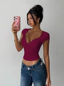 INAWLY Áo thun nữ cổ tim ren màu tương phản tay lửng ôm sát gợi cảm - Màu Đỏ Sâu - Xem 3