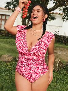 Swim Mod HELLO KITTY AND FRIENDS | SHEIN 2026 New Summer Vacation Sweet Collaboration Ruffle Plus Size One-Piece Swimsuit Beach White Sexy - Multicolor - View 4