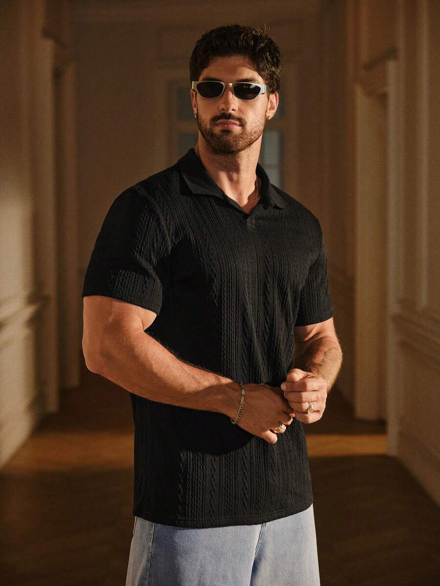 SIGLOCORE Herren lässiges, locker gestricktes Poloshirt mit Schulterausschnitt und umgelegtem Kragen, Kurzarm Herren Poloshirt, gestricktes Poloshirt Herren, strukturiertes Poloshirt Kurzarm, Old Money