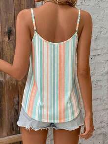 SHEIN Clasi Casual Boho Minimalist Orange And White All-Over Stripe Print Pattern V-Neck Loose Camisole Suitable For Summer Vacation Versatile Style Vacation - Multicolor - View 2