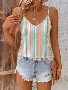 SHEIN Clasi Casual Boho Minimalist Orange And White All-Over Stripe Print Pattern V-Neck Loose Camisole Suitable For Summer Vacation Versatile Style Vacation - Multicolor - View 4