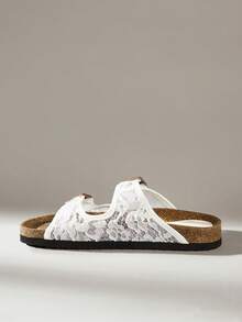 Solecia Women's Mesh Hollowed-Out Double-Button Slippers, Open-Toed Flat-Bottomed Retro Versatile And Breathable Slippers Summer - -8 net white - View 8