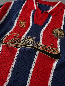 ROMWE MEN Prep World Cup Men's Lapel Embroidered Football Sports Knit Top Retro Streetwear - Navy Blue - View 4