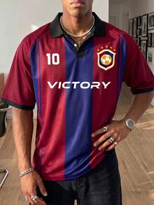 Aesthetic Post Men's Fashionable Versatile Letter Print Polo Shirt With Button Half Placket, Sports Style, Gym - Multicolor - View 1