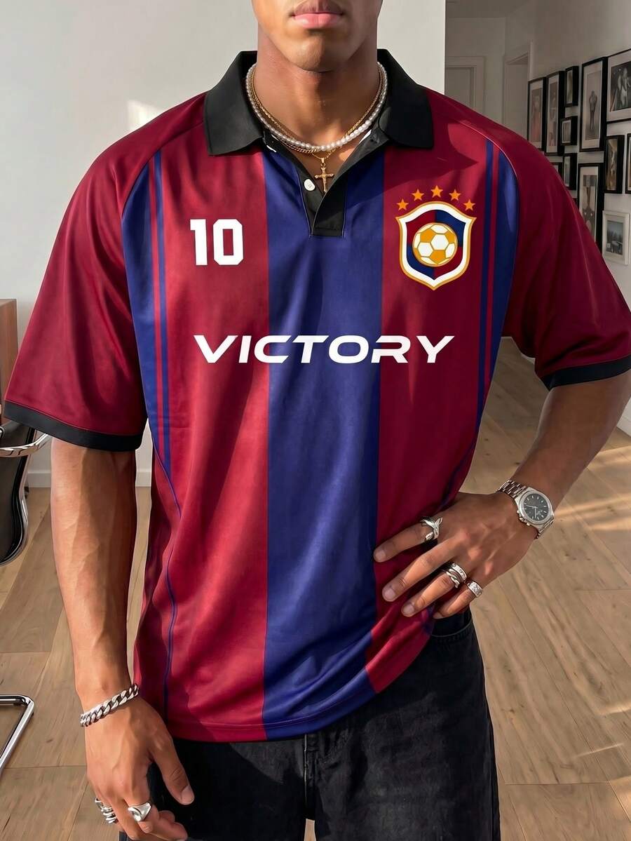 Aesthetic Post Men's Fashionable Versatile Letter Print Polo Shirt With Button Half Placket, Sports Style, Gym - Multicolor - View 1
