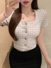 DAZY 宴会返校节格子方领短袖女式衬衫简约时尚休闲日常款，露脐上衣女式可爱上衣 - 杏色 - 查看 1