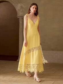 MOTF PREMIUM WOMEN'S CONTRAST LACE SPAGHETTI STRAP DRESS - Yellow - View 6
