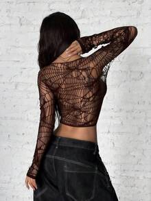 StreetHx Women's Grunge Spider Web Jacquard Brown Long Sleeve Top Music Summer Club Club Night Night Grunge - Brown - View 2