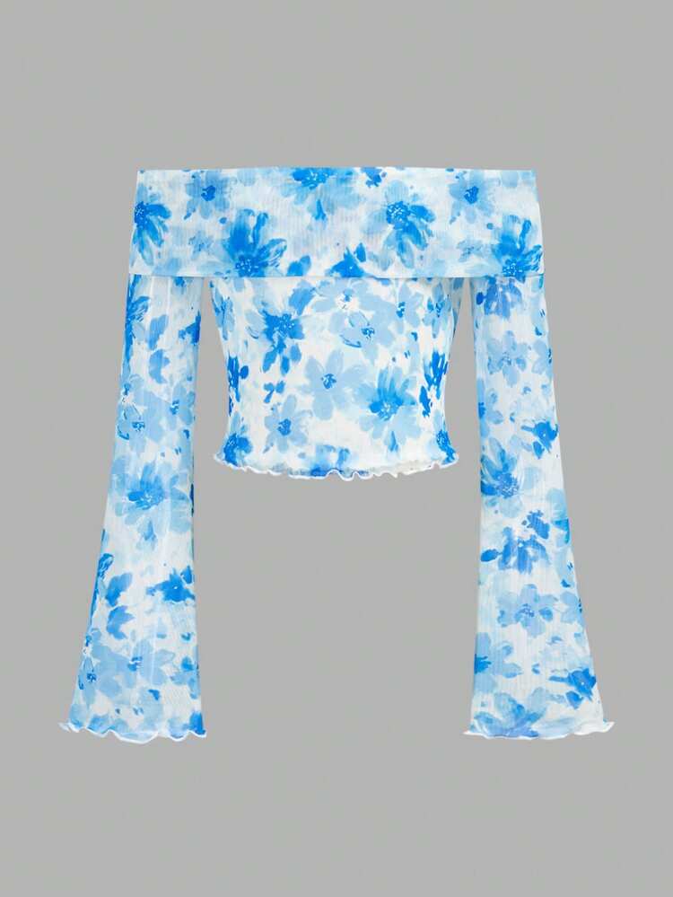 SHEIN Tween Girl Vacation Casual Off Shoulder Floral Top And Solid Color Flare Pants Set - Blue - View 4