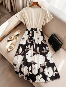 Franclia Women's Plus Size Patchwork Print Dress Waist-Defining Elegant Skirt Wedding Wedding Guest Tea Party Party Guest Black Summer - Multicolor - View 2