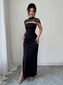 SHEIN Elenzya Fitted Strapless Dress With Lace Stand Collar And Solid Color Cut - Black - View 8