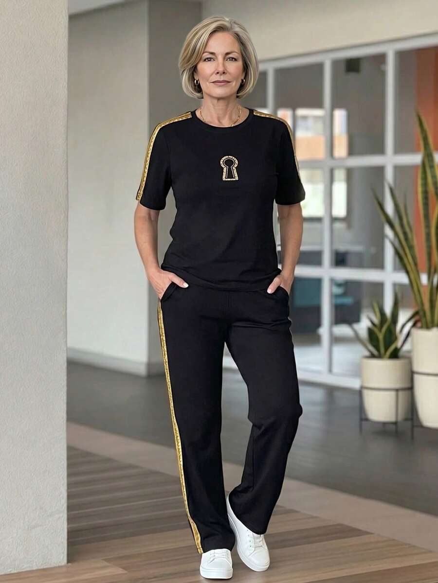 EMERY ROSE Middle-Aged And Elderly Women's Rhinestone Decorated Round Neck Side Gold Ribbon T-Shirt And Pocket Casual Long Pants Set - Black - View 1