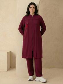 Modelyn 優雅素色拉鍊長袖外套秋冬女款阿拉伯服飾套裝 - 酒紅色 - 查看 5