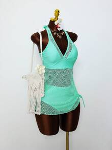 Swim Lushoire Summer 2026 Spring/Summer European And American New Pure Desire Style Green Sequin Hollow Lace One-Piece Swimsuit Swim Dress For Women Halter Neck - Mint Green - View 5