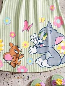 TOM & JERRY X SHEIN GraphicGems 2026年夏季女婴可爱卡通图案条纹吊带裙 - 綠色 - 查看 4