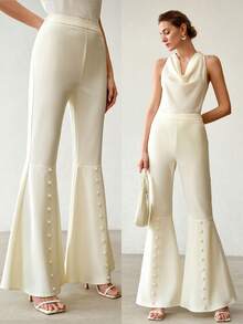 MOTF PREMIUM WOMEN'S ELEGANT FAUX PEARL DECORATED FLARE PANTS - Beige - View 9