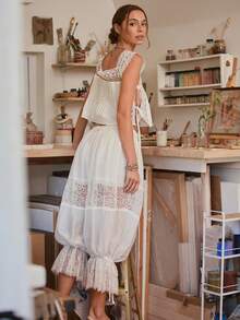 WESTFADE Drawstring Waist Lace Inset Ruffle Balloon Leg White Pant, Casual, Country Style For Women, Summer Vacation Outfit - White - View 2