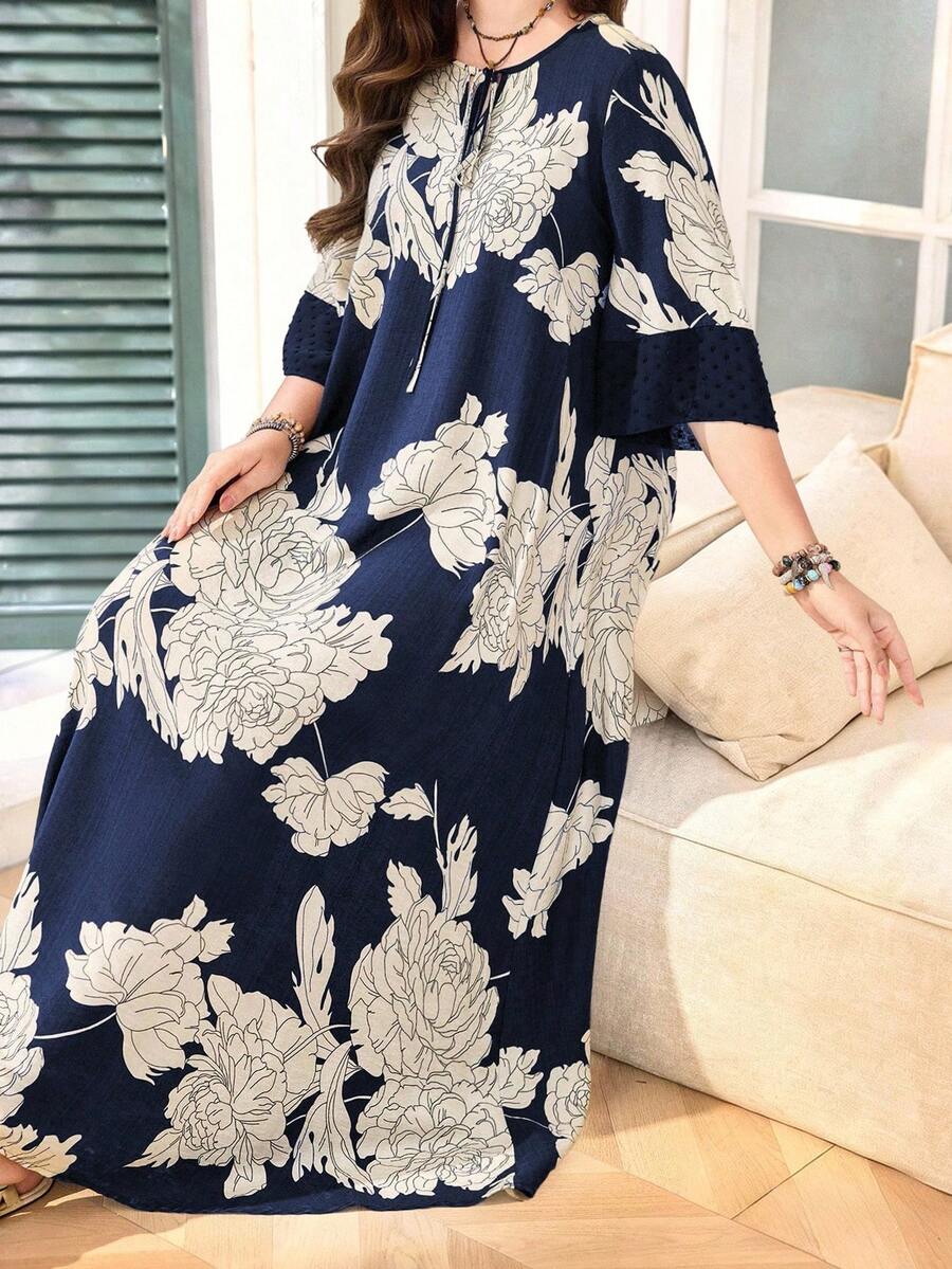 Lacomfia Women's Round Neck 3/4 Sleeve Chiffon Pom Pom Cutout Patchwork Faux Linen Comfortable Fashion Print Loose Casual Long Dress - Multicolor - View 1
