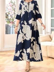 Lacomfia Women's Round Neck 3/4 Sleeve Chiffon Pom Pom Cutout Patchwork Faux Linen Comfortable Fashion Print Loose Casual Long Dress - Multicolor - View 4