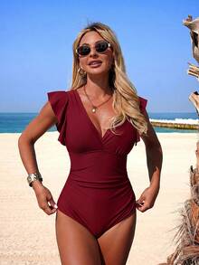 Swim Lushoire Traje de baño de una pieza para mujer con mangas con volantes, cuello en V profundo, cuello superpuesto y fruncido - Burdeos - Ver 6